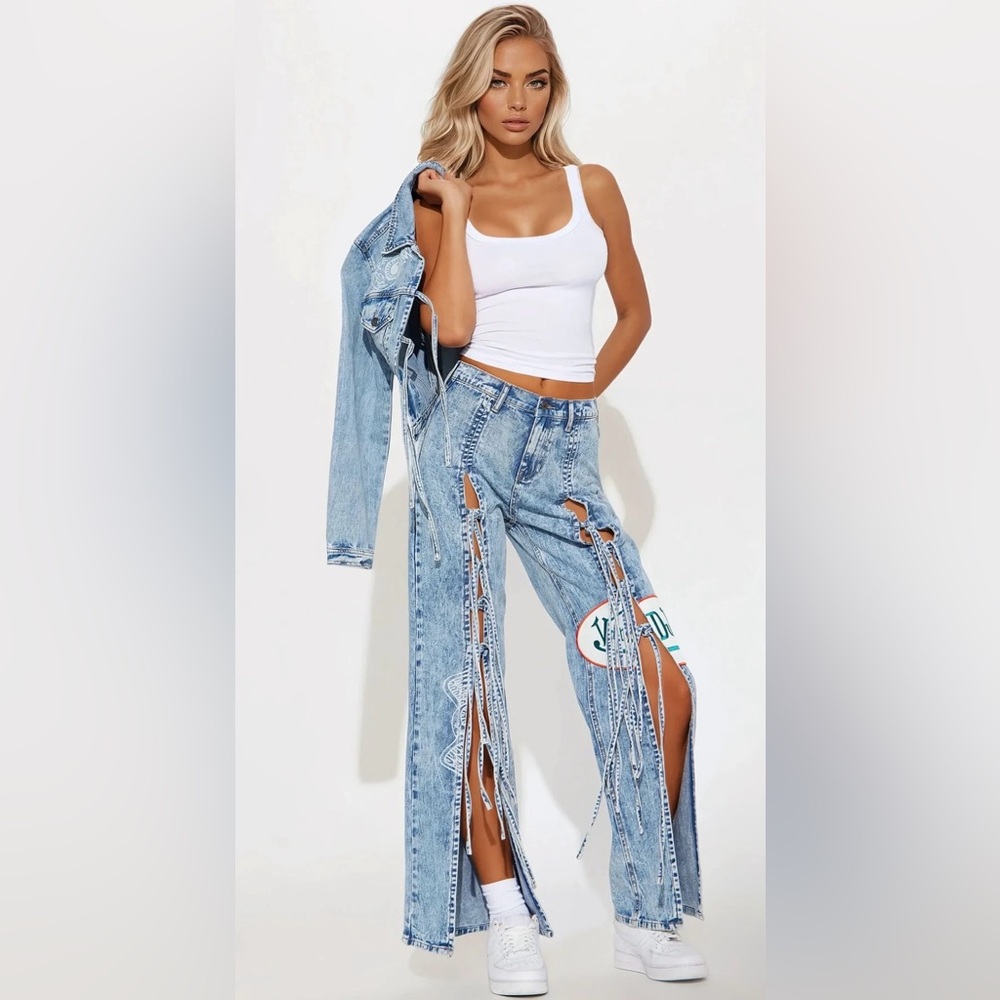 Von Dutch Tie Front Wide Leg Jeans/Shorts Light Wash Denim Patch Y2K Cotton NWT